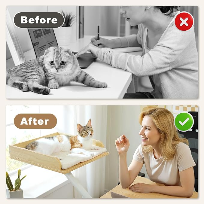 PAWZ Road Cat Desk Bed, Wooden Cat Bed for Desk Supports Up to 50 lbs, 360° Rotation & Adjustable, Nest Desktop Attachment Cats Hammock for Table, Beige - Image 3