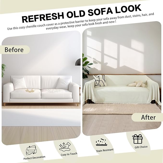 DREAMINGO Modern Minimalism Cream White Couch Cover Sectional Sofa Covers for 3 Cushion Couch Washable Chenille Pet Couch Protector for Dogs Boho Herringbone Sofa Furniture Slipcover, 71"x150" - Image 5