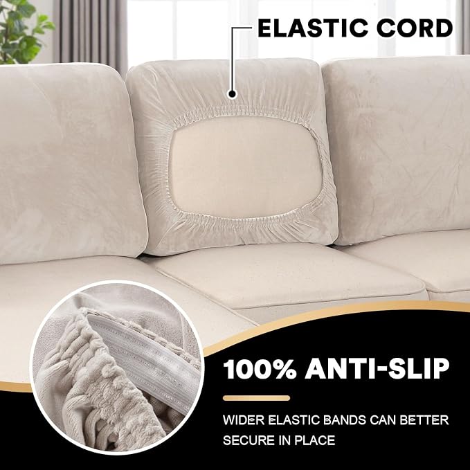 PrinceDeco Sectional Couch Covers Velvet Cushion Covers for Sectional Couch Washable Cushion Covers for Sectional Sofa Pet Friendly Sectional Sofa Slipcovers(1 Chaise Back+ 3 Sofa Back,Ivory) - Image 4