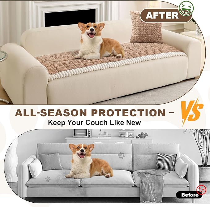 OTOB All Seasons Sofa Covers for 3 Cushion Couch Washable, Geometric Jacquard Fuzzy Non-Slip Pet Couch Cover, Kids Pet Friendly Soft Plush Sofa Slipcovers Dog Bed Mats (Camel, 27.6" x 70.9") - Image 2