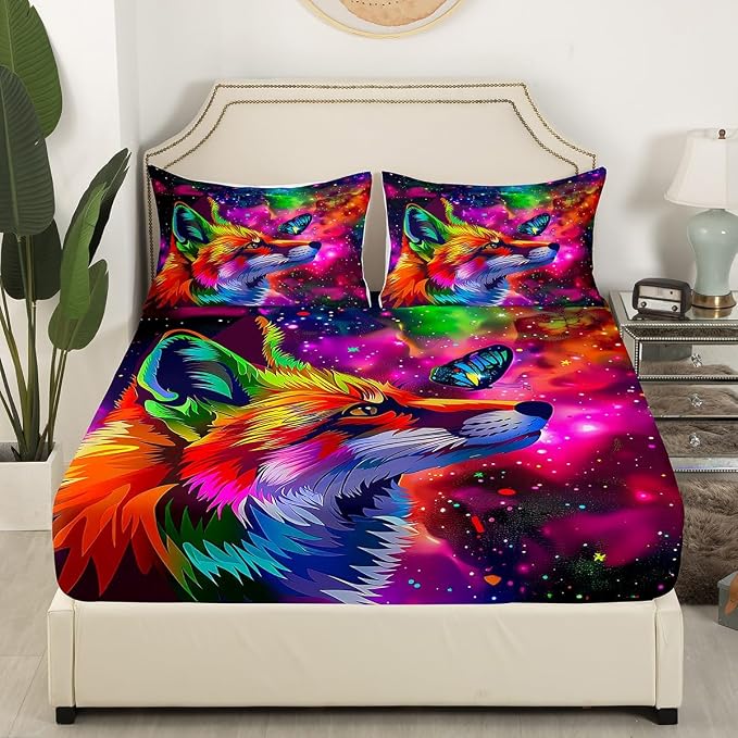 Fox Print Sheet Set Full Size Cartoon Fox Butterfly Bed Sheets for Kid Girl Boys,3D Animal Theme Colorful Galaxy Painting Fitted Sheet,Starry Sky Flat Sheet Home Room Decor with 2 Pillow Cases - Image 3