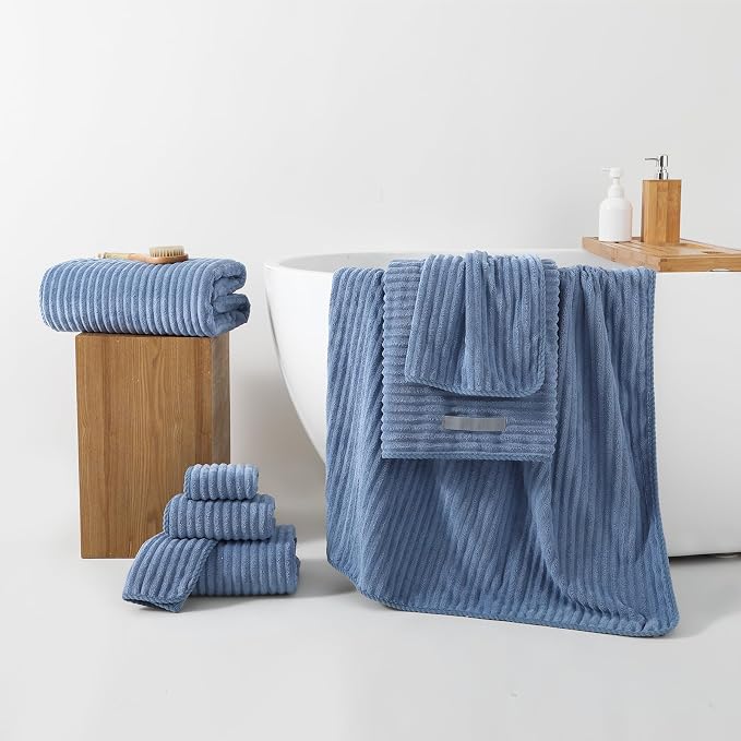 REDKISS Blue Bath Towels Set 8 Piece - Microfiber Bathroom Towels of 8 Large, Highly Absorbent Bath Towel, Soft Shower Towel for Bathroom, Hotel 2 Bath Sheet 2 Hand 2 Washcloths 2 Hair Towel Wrap - Image 5