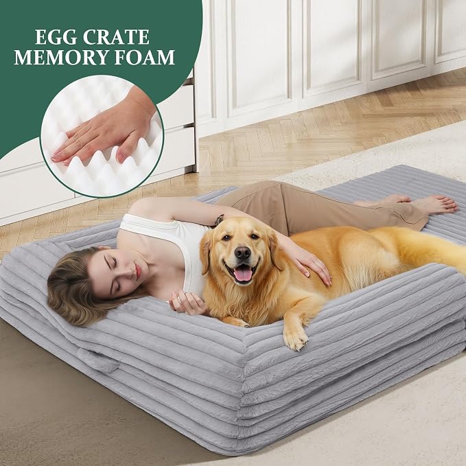 Human Dog Bed for Adults, Foldable Human Size Dog Bed | 2-in-1 Large Pet Sofa with Bolster, Orthopedic Egg Crate Foam, Calming Fluffy Pet Couch, Removable Cover, 71"x43"x10", Black - Image 2