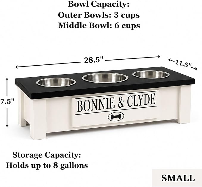 3 Bowl Dog Feeding Station, Personalized Triple Bowl Food Stand Small Dogs | Farmhouse Style, Elevated Wood Stand, Storage Container, Stainless Steel Bowls, Raised Feeder, Small Breed, Made in USA - Image 3