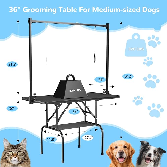 36-Inch Dog Grooming Table, Foldable Pet Grooming Table with Adjustable Arm, Noose & Mesh Tray, Non-Slip Waterproof Surface, Supports Up to 320 lbs - Image 2