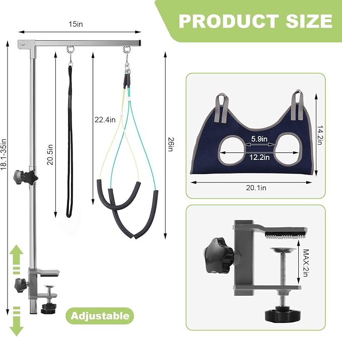 Home Dog Grooming Table Arm with Hammock 35" Height Adjustable Dog Grooming Arm with Clamp No-Sit Haunch Holders Loop Noose Stainless Steel(Grooming Table Not Included) - Image 6