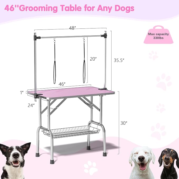 Lyromix 46'' Stainless Steel Pet Dog Grooming Table, Arm/Noose/Tray, Pink | Foldable Dog Grooming Table for Dogs at Home, Adjustable Height Arm, Non-Slip Waterproof Tabletop, Capacity 330Lb - Image 2