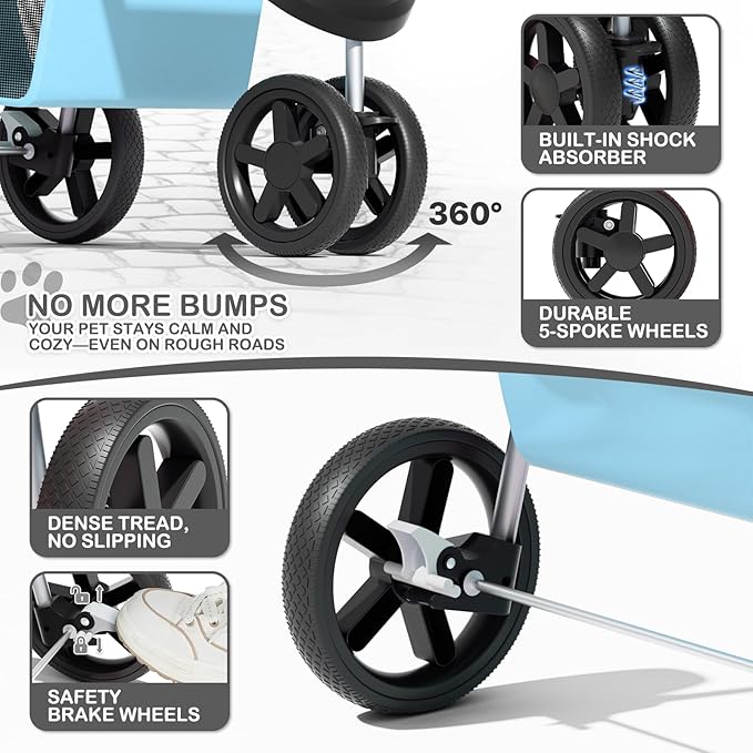 MoNiBloom 3 Wheels Pet Dog Cat Stroller for Small Medium Dogs Cats, Lightweight Foldable Jogger Stroller w/Storage Basket and Cup Holder, Mint Green