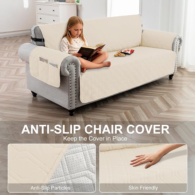100% Waterproof Couch Cover, Straps&Pockets,pet Friendly,68" Beige | Washable sofa cover, pet-friendly, scratch-resistant furniture protector, quilted sofa cover, reversible, non-slip backing. - Image 4