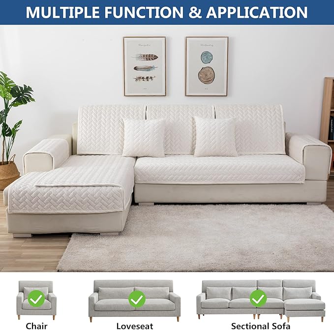 Eismodra Couch Cover,Sectional Couch Covers,Sofa Covers for 3 Cushion Couch,Anti-Slip Sofa Slipcovers for Dogs Cats Kids Loveseat Recliner L Shaped Armrest Backrest,White 43''x82''(Only 1 Piece) - Image 2
