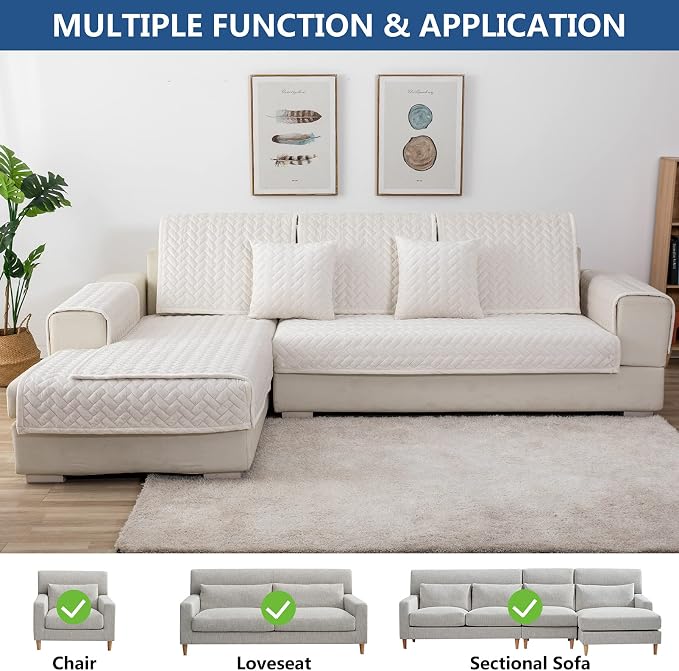 Eismodra Couch Cover,Sectional Couch Covers,Sofa Covers for 3 Cushion Couch,Anti-Slip Sofa Slipcovers for Dogs Cats Kids Loveseat Recliner L Shaped Armrest Backrest,White 36''x70''(Only 1 Piece) - Image 2