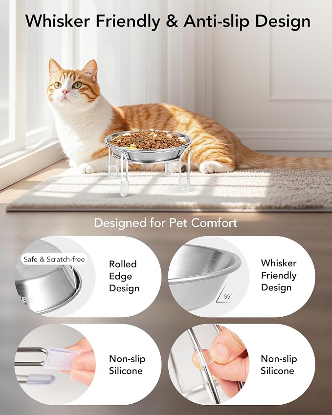 Elevated cat Bowl 3PC, 6.3" Wide Raised Cat Bowl | Stainless Steel Cat Food and Water Dishes, Small Dog Bowl, Whisker Friendly, Anti-Vomiting, Neck Stress-Free Bowl Stands - Image 3