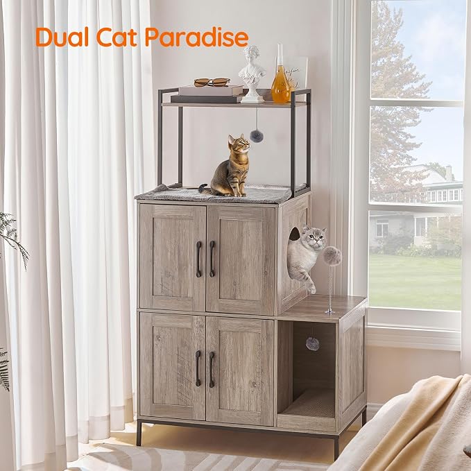 HOOBRO Cat Litter Box Enclosure Furniture, 2 in 1 Hidden Litter Box Furniture with Shelf, Double Litter Box Cabinet with 2 Dangling Plush Balls and 1 Toy Ball, Greige and Black BG78MW01 - Image 3