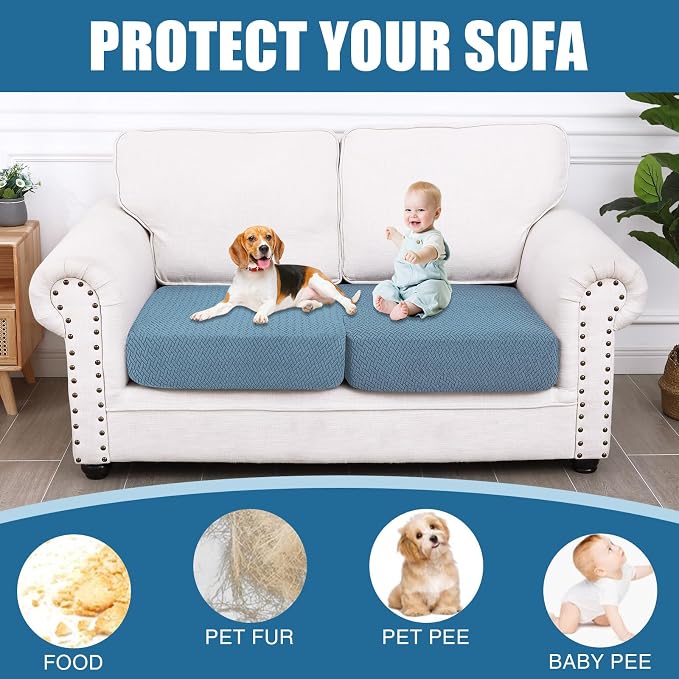 Smiry Waterproof Couch Cushion Covers, Non Slip Seat Cushion Covers | Stretch Jacquard Sectional Sofa Slipcover, Washable Elastic Furniture Protector for Pets, Kid, 2 Pieces, Blue - Image 5