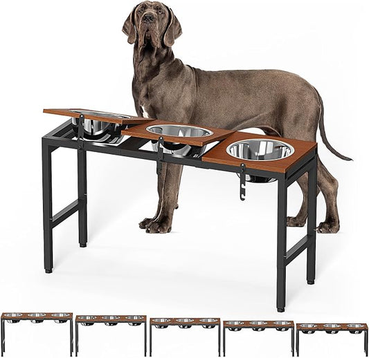 Elevated Dog Bowls Large Breed, Adjustable, 3 Bowl 12.5cup/101oz | 15"/16"/17"/18"/20" Height Fits Giant Dogs Like Great Dane, Stainless Steel Bowls , Iron Holder, Wooden Platform, Grained Oak by Colewin