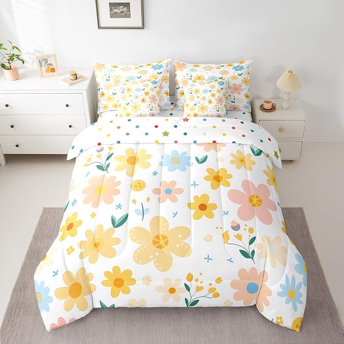 Feelyou Cute Flower 7 Piece Bedding Set King Size Kids Cartoon Cute Floral Bed in a Bag for Girls Teens Bright Yellow Comforter Set with Sheets Kawaii Bed Set - Image 5