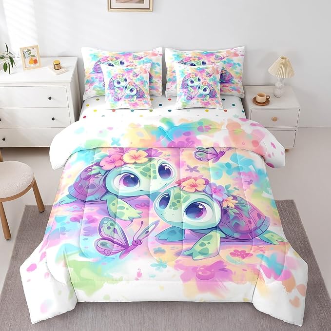 Erosebridal Kids Sea Turtle 7-Piece Bedding Set King Size, Marine Life Tortoise Comforter Set with Sheets, Watercolour Florals and Butterfly Bed in A Bag, Dreamy Aesthetic Bedding Comforter Sets - Image 3