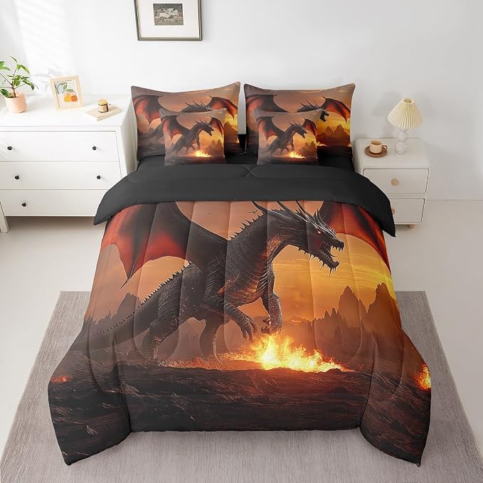 Erosebridal Fire Dragon Comforter Sets with Sheets - Wildlife Animal Theme Bedding Set King for Boys Girls 3D Wild Animal 7Pcs Bed in A Bag Fierce Dragon Bed Set - Image 3