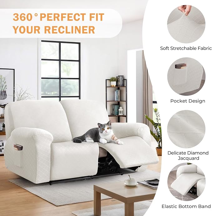 vctops Diamond Recliner Loveseat Slipcover 6-Pieces Stretch Dual Recliner Sofa Covers for 2 Seat Dual Reclining Loveseat Couch Soft Solid Furniture Protector (White,2 Seat) - Image 4