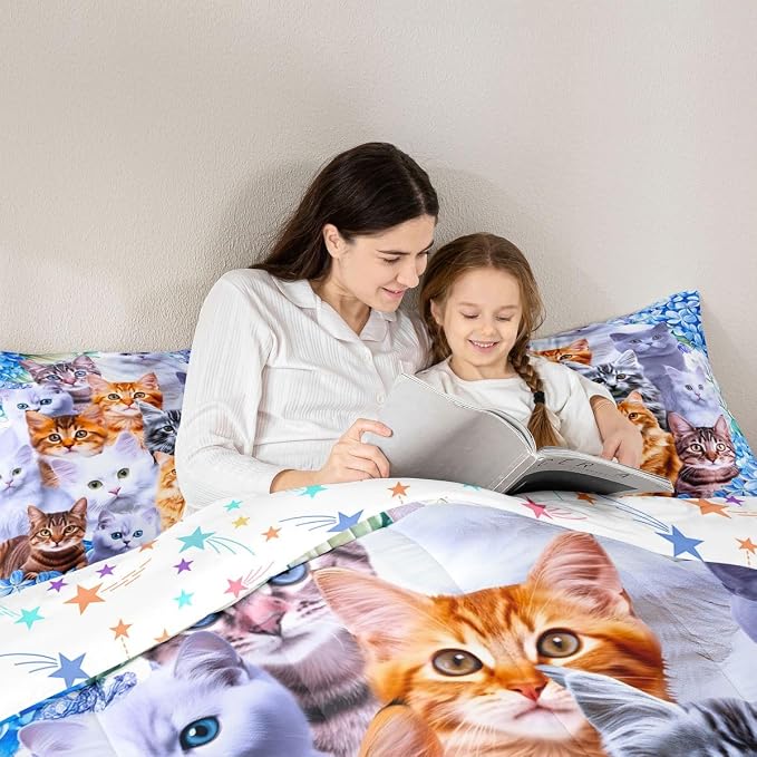 Feelyou Kids Cute Cat Comforter Cartoon Pet Cats Bedding Set for Children Boys Girls Cute Kitten Print Comforter Set Cat Lover's Animal Themed Design Quilt Set Bedroom Collection 2Pcs Twin Size - Image 5