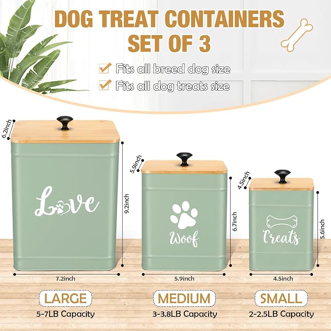 Jingmore Metal Dog Treat Containers Set of 3 with Bamboo Lids and Spoon Airtight 7+3+2 lbs Dog Food Snack Jars with DIY Labels Big Pet Cookie Storage Jar for Kitchen Counter (Sage Green,Cute) - Image 2