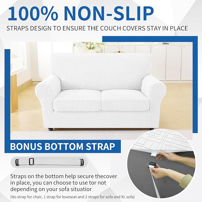 CYCMCAO 3 Piece Stretch Sofa Cover Couch Covers for 2 Cushion Couch, Non Slip Loveseat Covers, Sofa Covers Washable with Elastic Bottom for Kids, Dogs (Off-White), 55"-69" (2 Cushion Loveseat) - Image 7