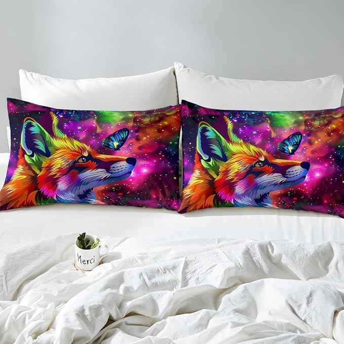 Fox Print Sheet Set Twin Size Cartoon Fox Butterfly Bed Sheets for Kid Girl Boys,3D Animal Theme Colorful Galaxy Painting Fitted Sheet,Starry Sky Flat Sheet Home Room Decor with 1 Pillowcase - Image 5