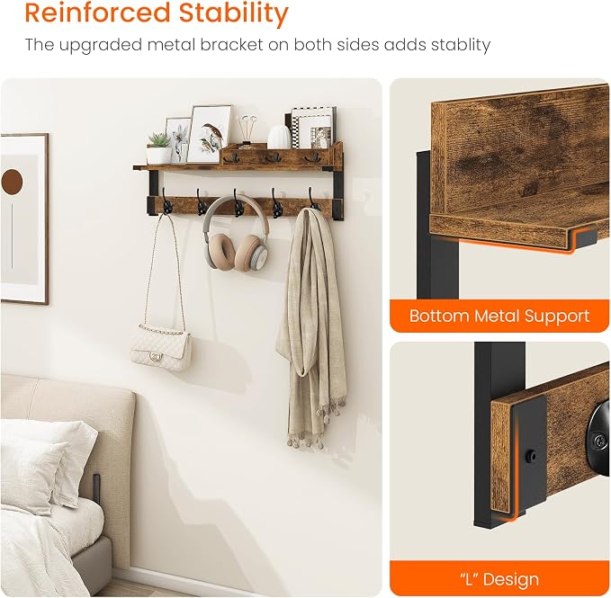 Homode Coat Rack with Shelf, Wall Shelf with Hooks, Rustic Brown Black | 26 Inch Long Coat Hanger Wall Mount with Key and Mail Holder, Wood Entryway Shelves for Hanging Hat Jacket Backpack Purse - Image 4