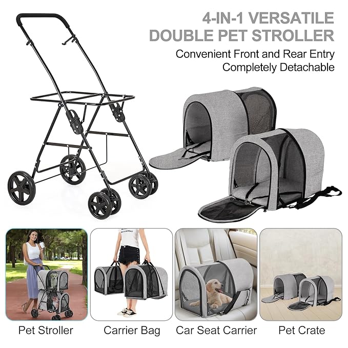 Double Pet Stroller for Dogs and Cats with 2 Detachable Carrier, Quick-Folding Dog Stroller for Medium Small Dogs Cats, 4 Wheels, Light Gray