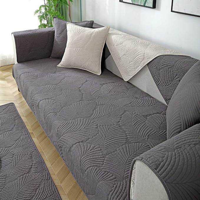 Solid Color Leaf Cotton Quilted Sofa Covers Anti-Slip Soft Sectional Couch Cover Washable Sofa Slipcover for Dogs Cats Pet (Dark Grey,36''x70'') - Image 4