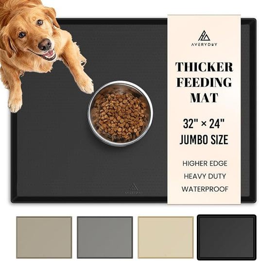 AVERYDAY 100% Waterproof Thicker Silicone Dog Food Mat, 0.63'' Raised Edge Bowl Mat for Food & Water, Non Slip Pet Feeding Placemat for Messy Drinkers, Perfect for Large Medium Small Breeds, 32"x24" by YourAveryDay