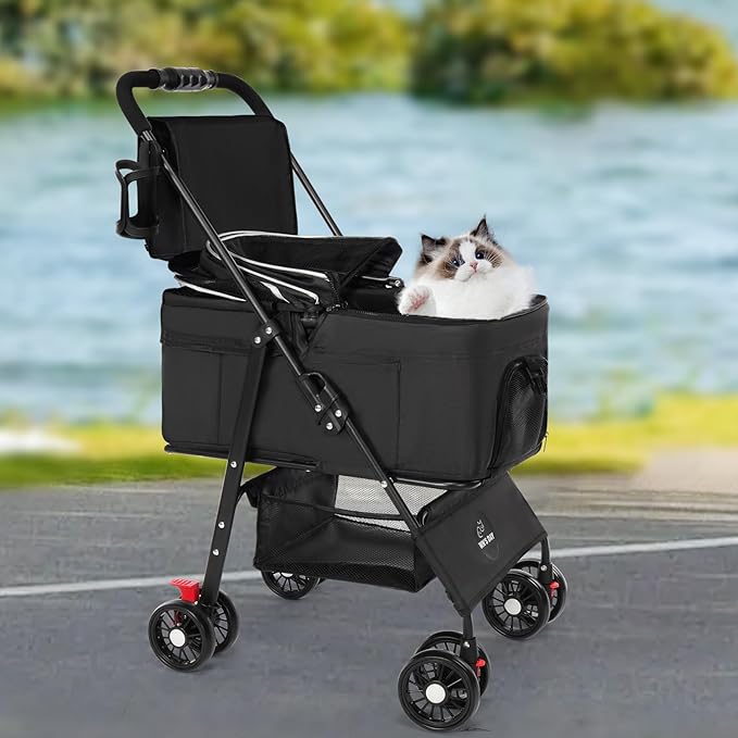 3 in 1 Pet Dog Stroller for Small Medium Dogs 10-50 lbs, Foldable Cat-Strollers for 2-Cats with Removable Carrier, Pet-Strollers for Cats with Storage Bag, Small Puppy-Stroller, Dog-Cart (Black)