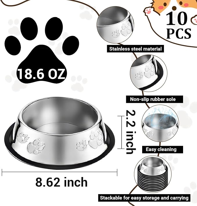 10 Pcs Stainless Steel Dog Bowl Pet Feeding Bowl with Rubber Base Non-Slip Pet Dishes Metal Dog Bowls Pet Food and Water Bowls for Small Medium Animals Kitten Rabbit (18.6 oz) - Image 2