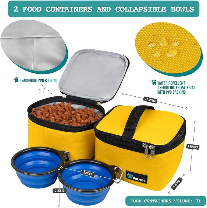 PetAmi Dog Travel Bag Organizer, Pet Travel Kit with 2 Food Containers & 2 Collapsible Dog Bowls, Pet Supplies Tote with Luggage Sleeve, Weekend Road Trip Camping Essentials, Yellow, Medium - Image 3