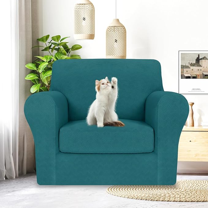 MAXIJIN 2 Piece Chair Covers Chair Slipcover with Arms, Sofa Chair Cover for Living Room Armchair Cover, Stretch Pet Dog Slip Cover for A Chair with 1 Cushion (31"-46", Teal) - Image 3