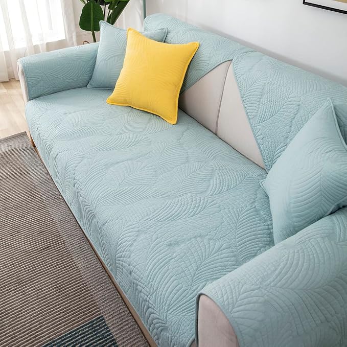 Solid Color Leaf Cotton Quilted Sofa Covers for 3 Cushion Couch Anti-Slip Soft Couch Cover for Dogs Pets Kids Recliner Loveseat L Shaped (Blue,28''x82'') - Image 4