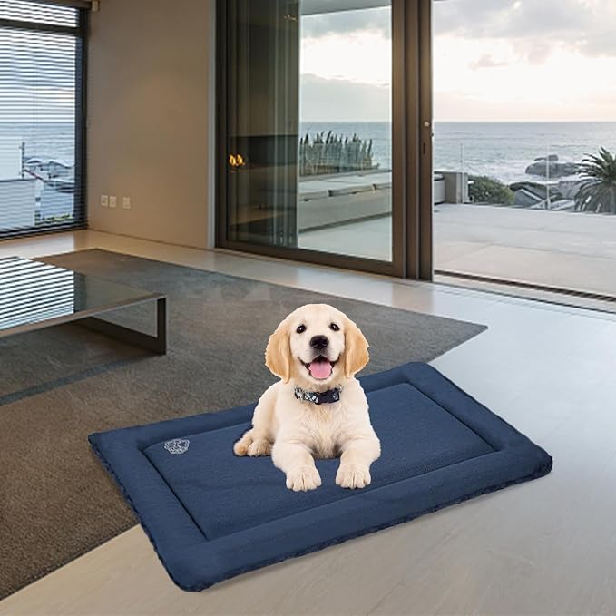 EMPSIGN Dog Crate Pad for 30"x20" Dog Crate, Plush/Canvas Navy | Reversible Kennel Mat (Cool & Warm), Machine Washable, Cozy Plush Sleeping Pad, All-Season Pet Bed - Image 6