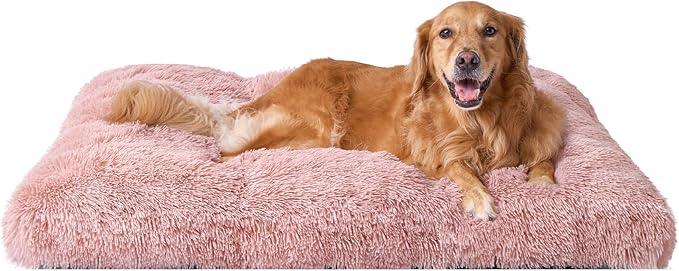 EHEYCIGA Fluffy Dog Crate Bed, Plush Extra Large Dog Pillow, Pink | Xlarge Calming Anti Anxiety Plush Faux Fur Mat for Large size dogs, Washable Soft Warm Dog Pad with Non-Slip Bottom by EHEYCIGA