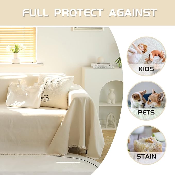 MEETSKY Couch Cover for 2 Cushion Couch Sofa Covers Washable Chenille Sectional Couch Covers for Pets with Tassel Durable Furniture Protector, 91" x 118", Beige - Image 4
