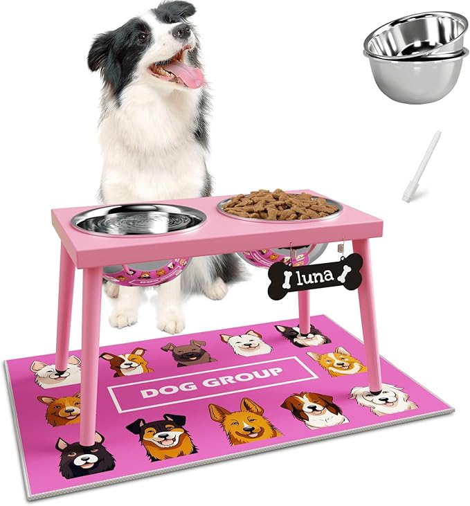 ADENGL Raised Dog Bowl Stand for Large Medium Dogs, Elevated Dog Bowls with Sprill Proof Mat &Two 58OZ Stainless Steel Bowls,Pink by ADENGL