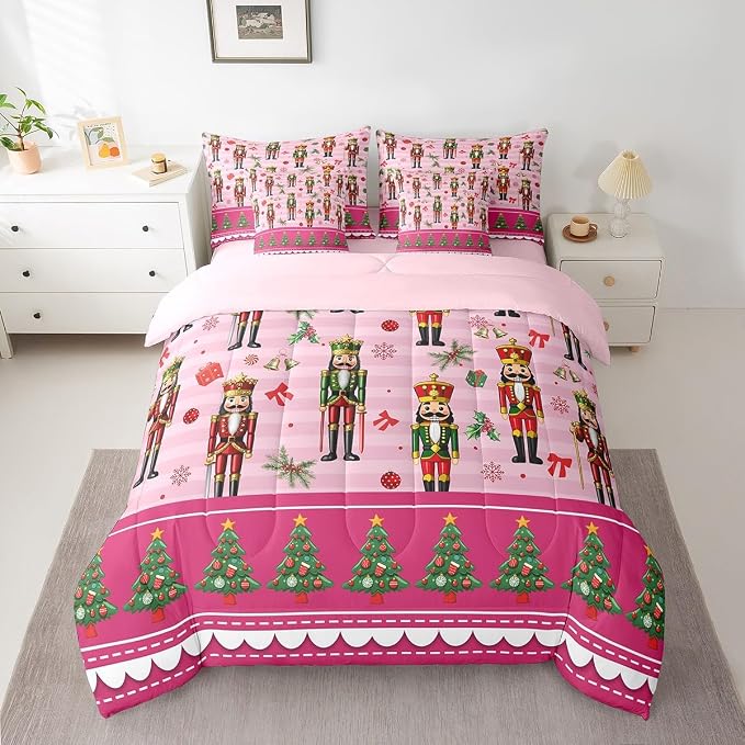 Erosebridal 7 Piece Christmas Nutcracker Kids Comforter Set King Bed in a Bag,Pink Christmas Bedding Set,Christmas Trees Bowknot Decor Sheets,Princess Magical Snowflake Duvet Insert Xmas Ornaments - Image 2