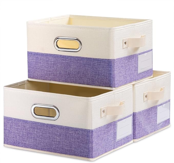 PRANDOM Fodable Storage Bins for Closet [3-pack] Decorative Fabric Storage Baskets Cubes with Leather/Metal Handles for Shelves Bedroom Living Room Purple&Cream (11.5x8.5x6.7 Inch) by Prandom