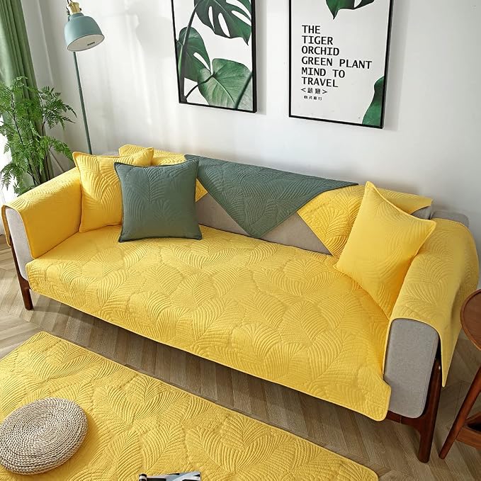 Solid Color Leaf Cotton Quilted Sofa Covers Anti-Slip Soft Sectional Couch Cover Washable Sofa Slipcover for Dogs Cats Pet (Yellow,28''x82'') - Image 3