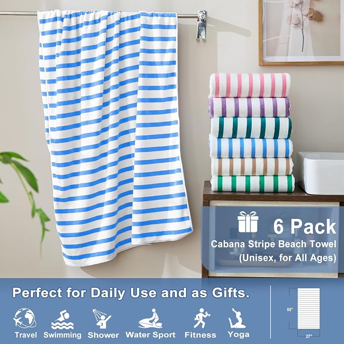 JML Microfiber Beach Towels Set, 6 Pack, 27" x 55", Cabana Stripe Blue | Haning Loop, Soft, Absorbent, Quick Dry, Use for Bathroom, Swimming Pool - Image 2