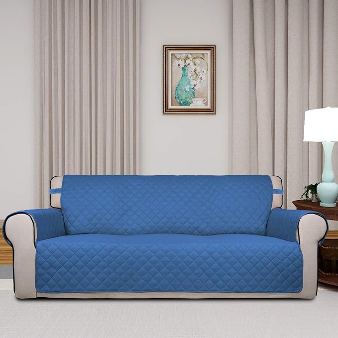 PureFit Reversible Quilted Sofa Cover, Water Resistant Slipcover Furniture Protector, Washable Couch Cover with Non Slip Foam and Elastic Straps for Kids, Dogs, Pets (X Large, Blue/Ivory) | Blue/Ivory, Water Resistant Couch Protector, Washable Pet Couc... - Image 2