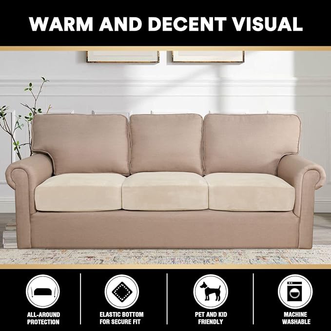 PrinceDeco Stretch Velvet Couch Cushion Covers for Individual Cushions Sofa Cushion Covers Seat Cushion Cover, Sofa Covers Washable, Cushion Sofa Covers for Sectional Couch - Ivory - Image 3
