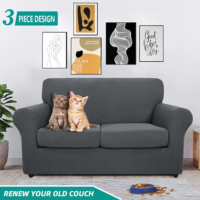 YEMYHOM Latest Checkered 3 Pieces Couch Covers for 2 Cushion Couch High Stretch Thickened Love Seat Sofa Cover for Dogs Pets Elastic Loveseat Slipcover Protector (Dark Gray), 55"-69"(2 Cushions) - Image 2