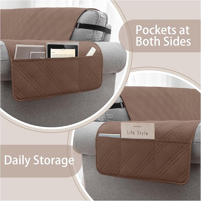 100% Waterproof Couch Cover for Dogs, Washable Anti-Slip Sofa Cover with Elastic Straps & Side Pockets, Quilted Furniture Protector for Kids & Pets (Oversize Sofa 78", Darkbrown) - Image 3