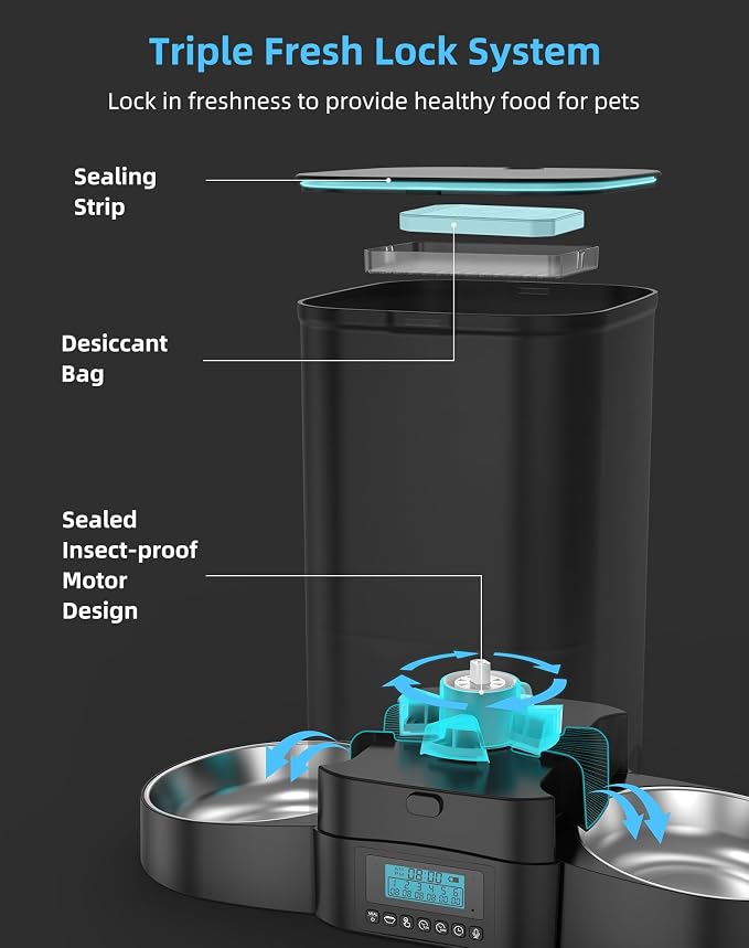 HoneyGuaridan 5L Automatic Cat Feeder for Two Cats, Cat Food Dispenser with Stainless Steel Bowl,Timed Feeder Programmable 1-6 Meals Control, Dual Power Supply,Desiccant Bag Black - Image 5