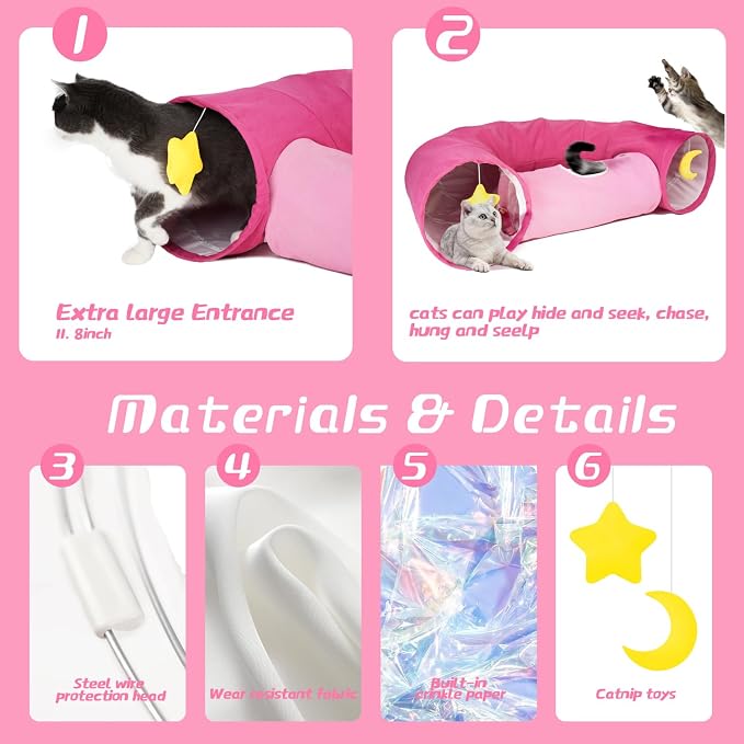 Cat Tunnel, Large Indoor Durable Collapsible Interactive Cat Tube with Peek-A-Boo Hole, Hanging Toys, and Crinkly Paper Lining - Cute Tunnel for Cats, Kittens, Puppies & Rabbits, Pink - Image 3
